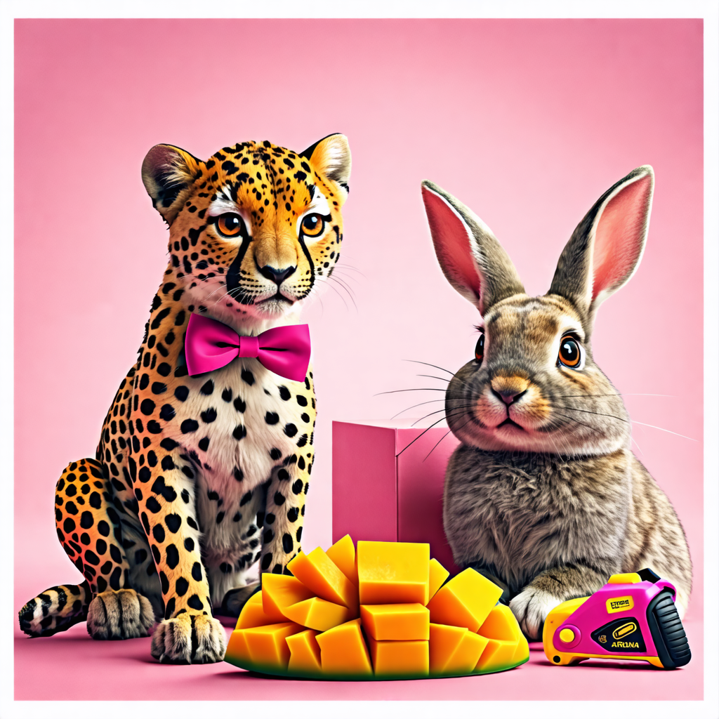 bowtie, sword, pink, cheetah, mango, fried chicken, rabbit, tape measure, motorcycle, box